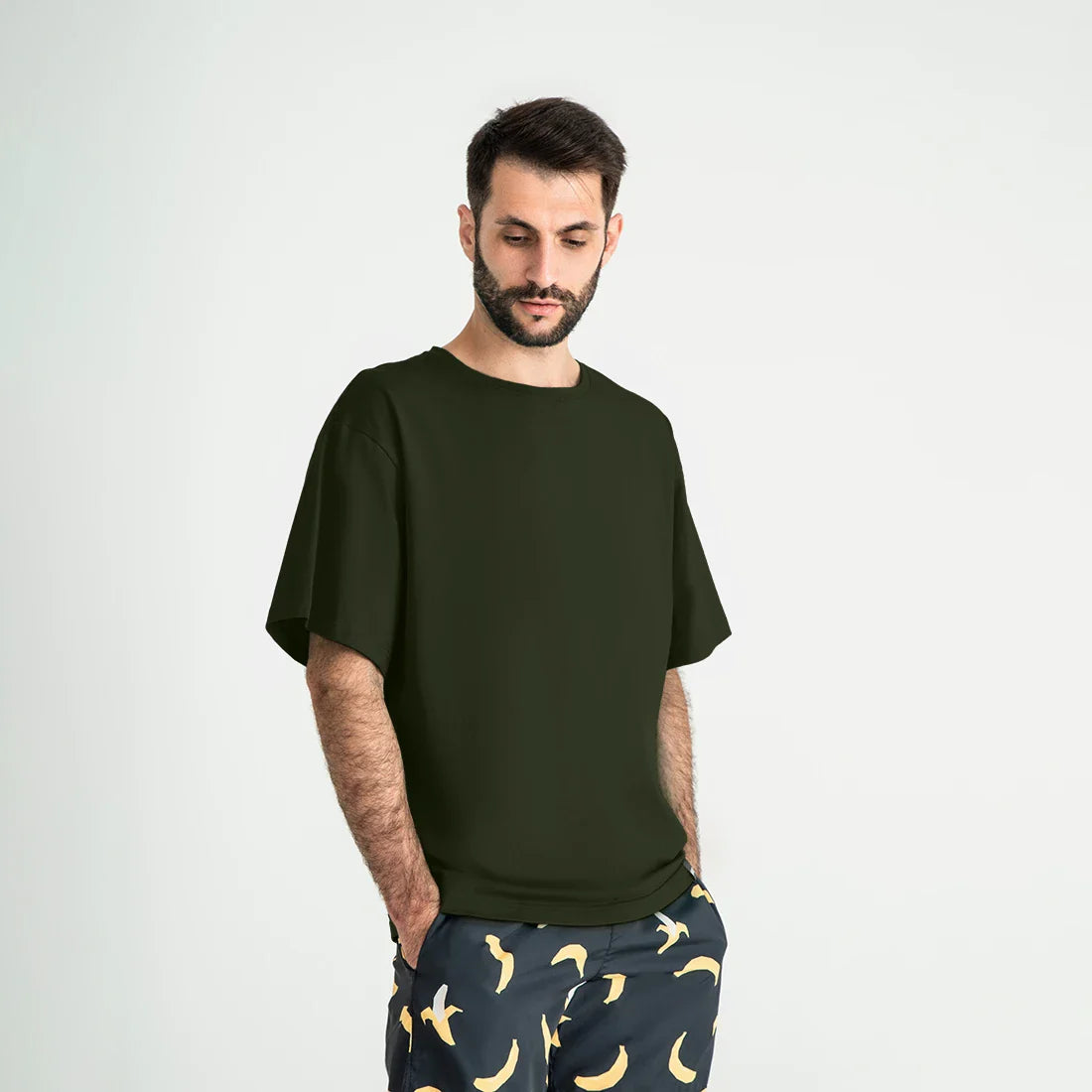 Man’s SET khaki oversized T-shirt, relaxed fit men’s top in soft cotton, angled front view
