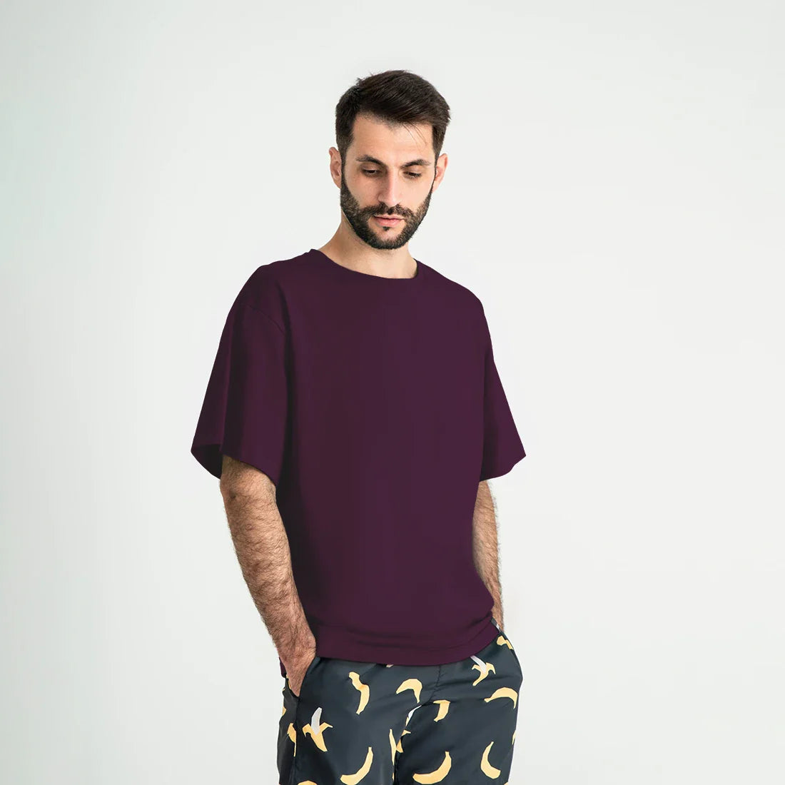 Soft cotton oversized T-shirt by Man’s SET in plum, loose-fit breathable tee for men, front angle