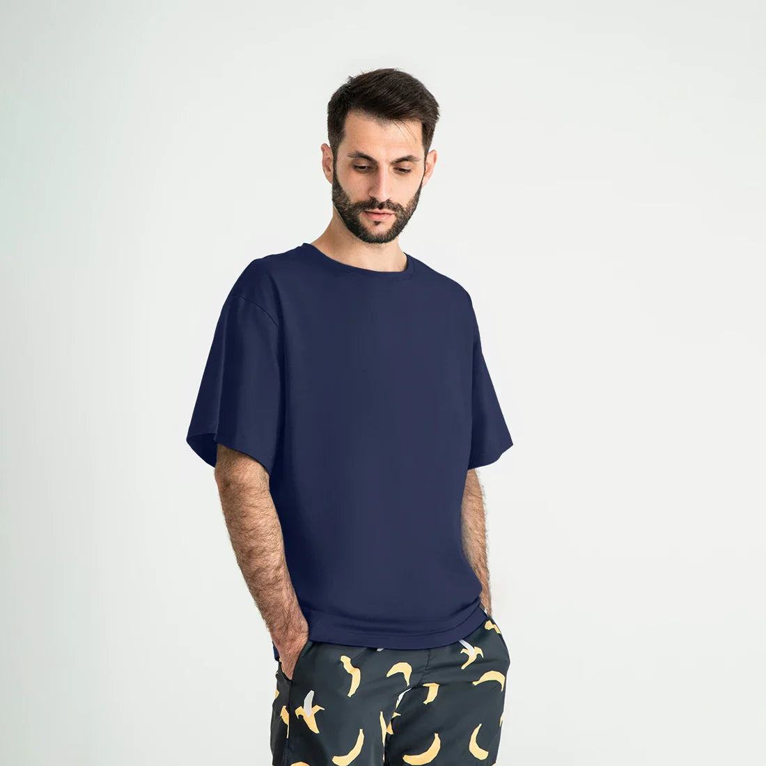Navy oversized T-shirt for men by Man’s SET, breathable soft cotton, relaxed fit, front view