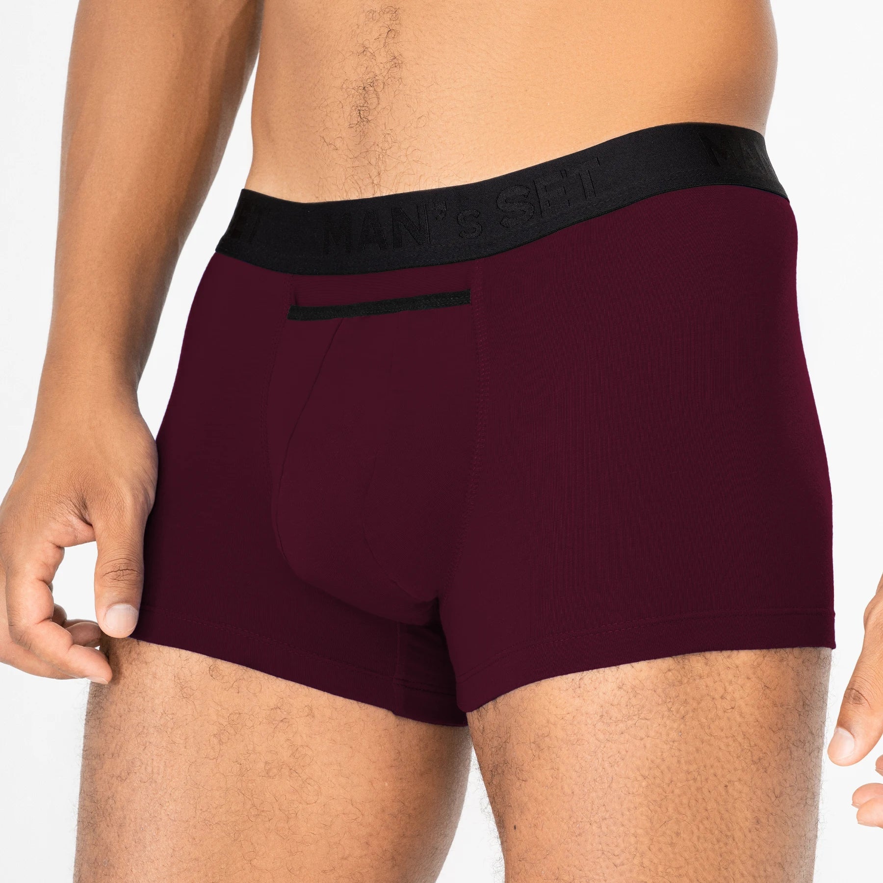 UltraSoft anatomical men’s trunks by Man’s SET, plum breathable cotton-elastane blend, horizontal fly, close-up front view