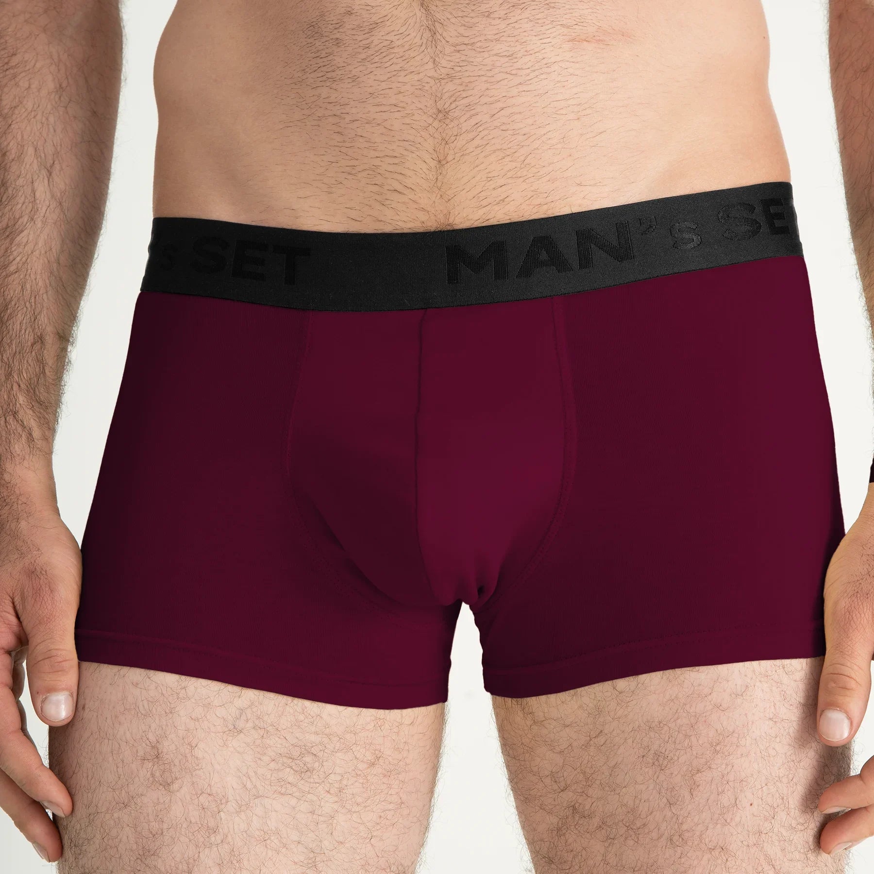 Man’s SET PowerStretch Trunk 3.9" in plum, anatomical men’s underwear, close-up front view