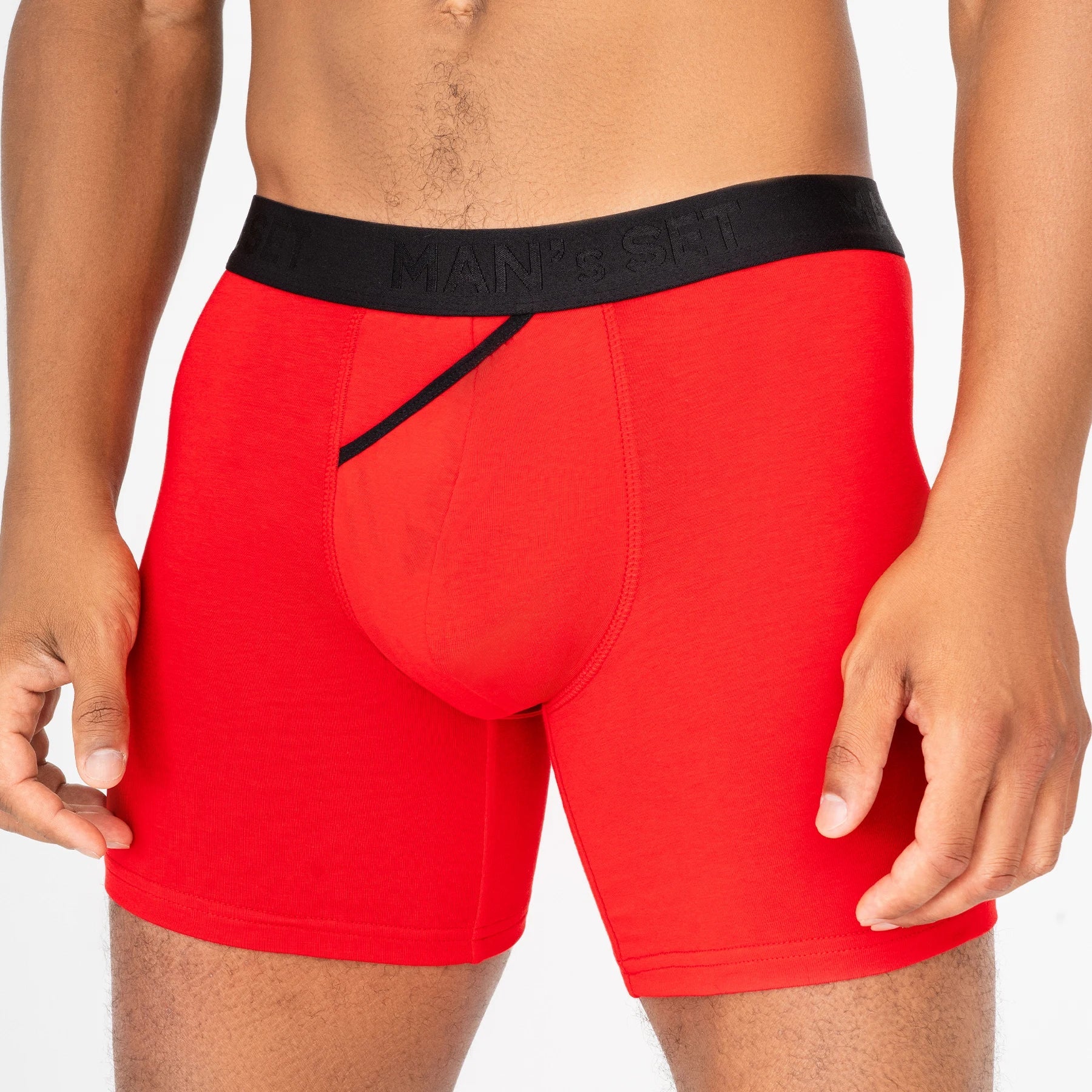 Man’s SET red UltraSoft boxer briefs, breathable men’s underwear with anatomical fit, close-up front view