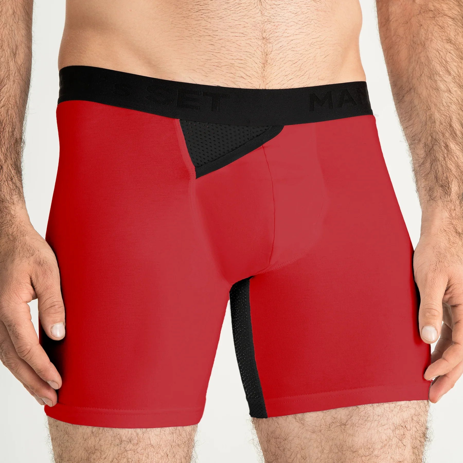 Man’s SET red AirFlow boxer briefs, breathable anatomical men’s underwear with mesh gusset, front view