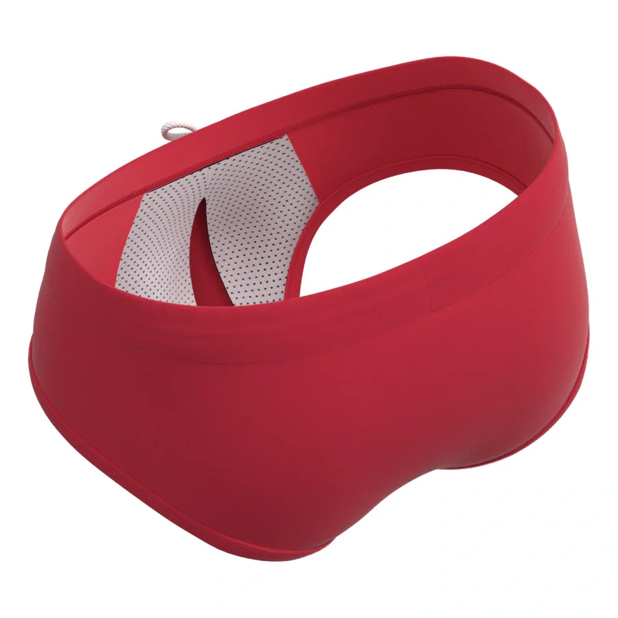 Man’s SET red men’s swim briefs with breathable mesh lining and anatomical pouch, top-rear angled view