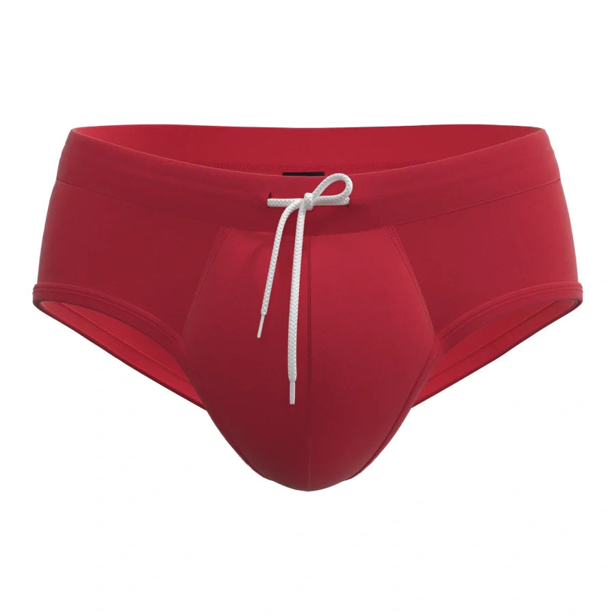 Man’s SET red men’s swim briefs with anatomical pouch and drawstring, quick-drying biflex fabric, front view