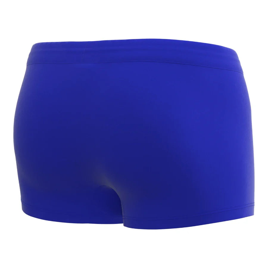 Blue men’s swim trunks by Man’s SET in smooth biflex fabric, seamless back design, rear view