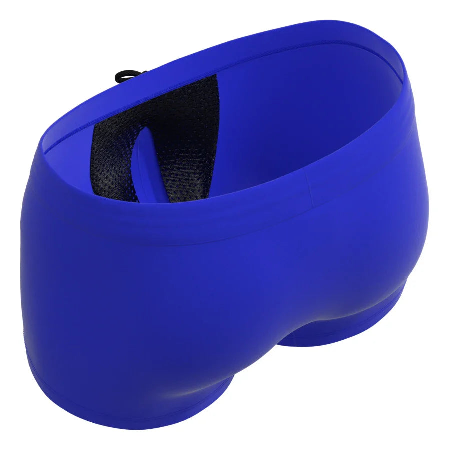 Man’s SET blue anatomical swim trunks with mesh-lined ball pouch and seamless back, rear angled view