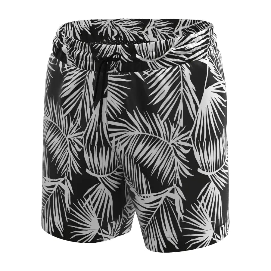 Man’s SET plus-size black swim shorts with white palm leaf print, anatomical mesh lining, front view