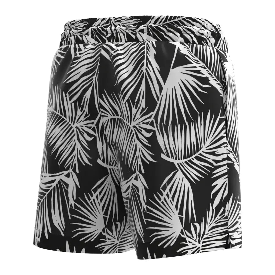 Man’s SET plus-size black swim shorts with white palm leaf print, anatomical men’s swimwear, back view