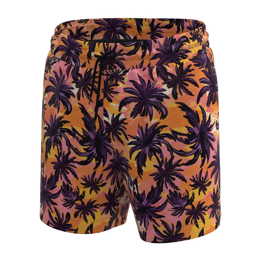 Man’s SET orange palm print swim shorts, plus-size anatomical men’s swimwear with supportive mesh lining, front view