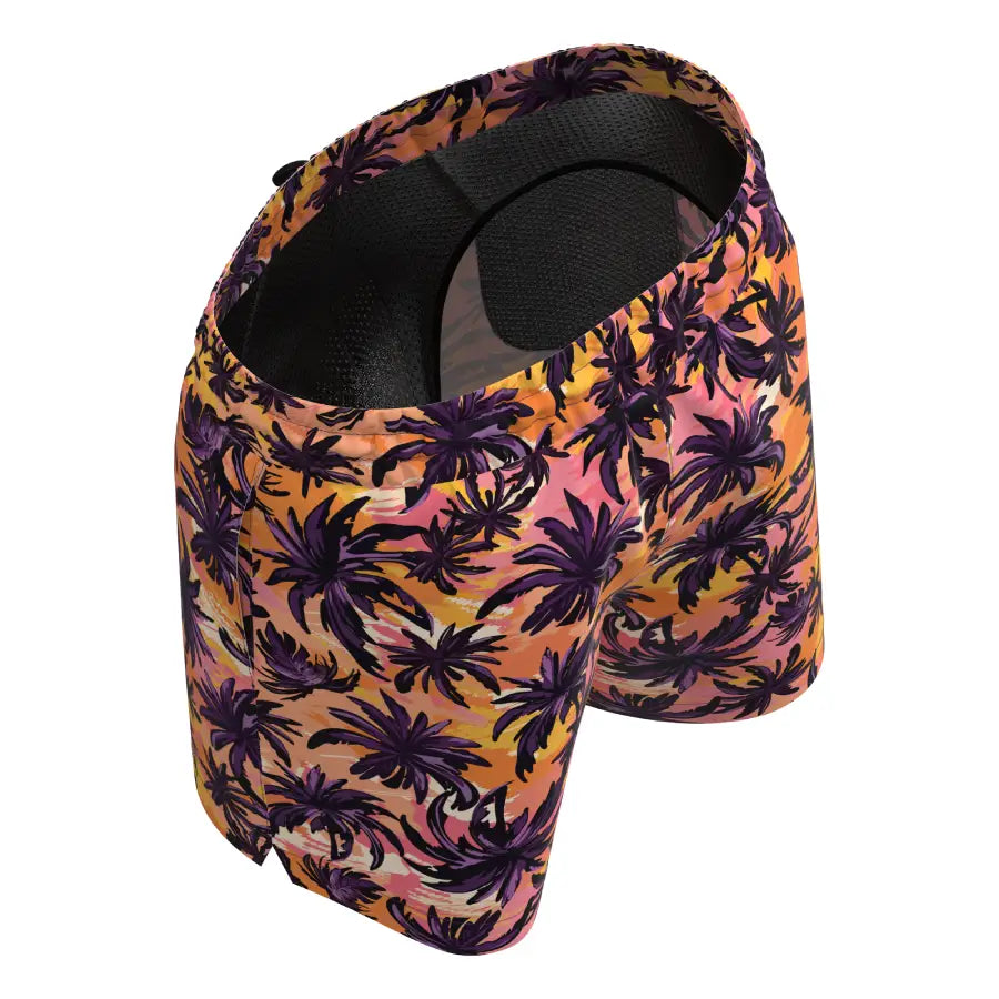 Plus-size anatomical men’s swim shorts by Man’s SET, orange palm print with mesh brief liner, top-rear view