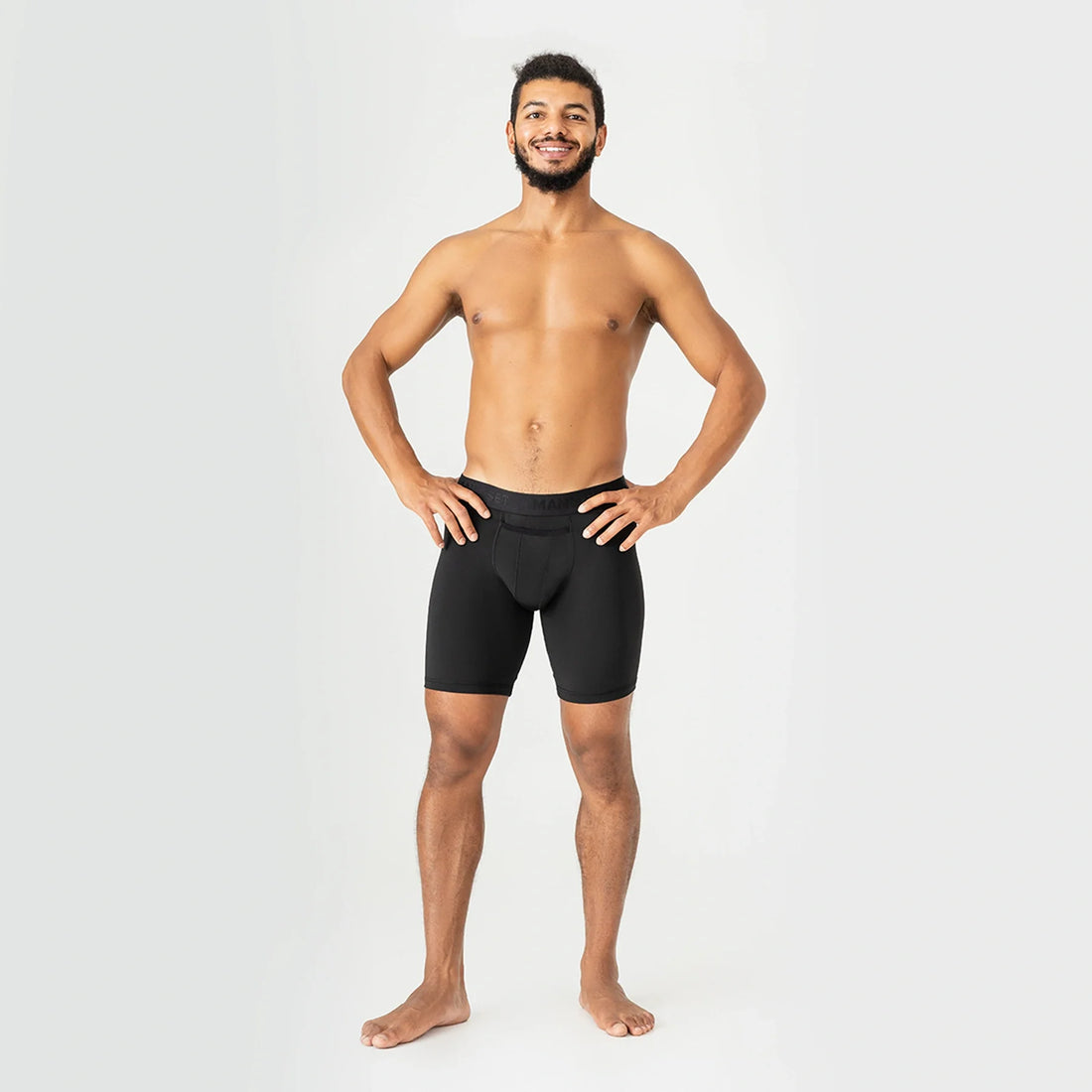 Man’s SET ProActive 9-inch black long boxer briefs, performance men’s underwear with open fly, front view