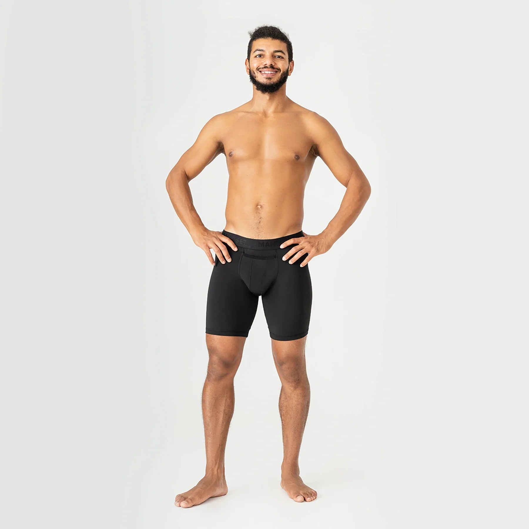 Man’s SET ProActive 9-inch black long boxer briefs, performance men’s underwear with open fly, front view