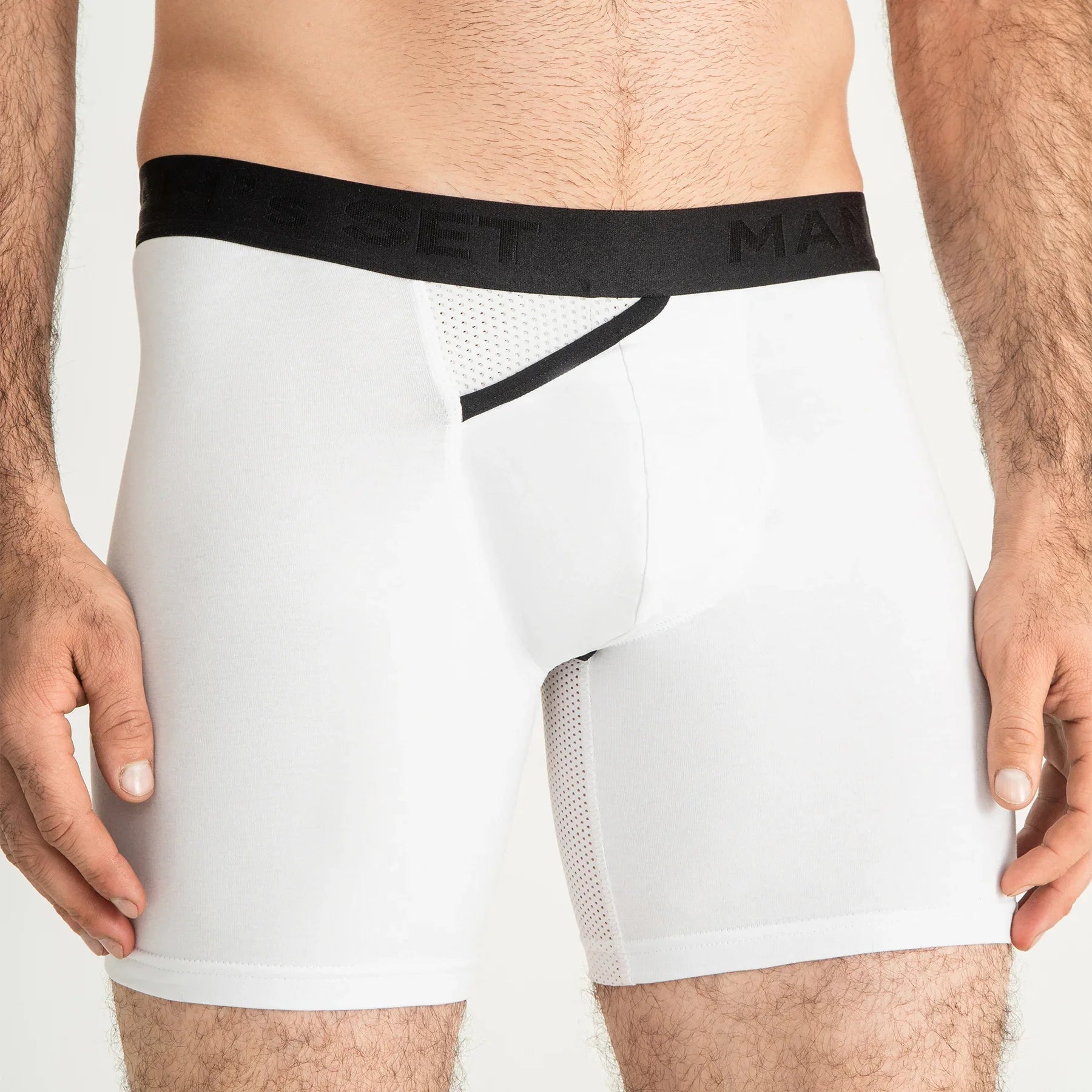 Man’s SET white AirFlow boxer briefs with breathable mesh and open fly, front view