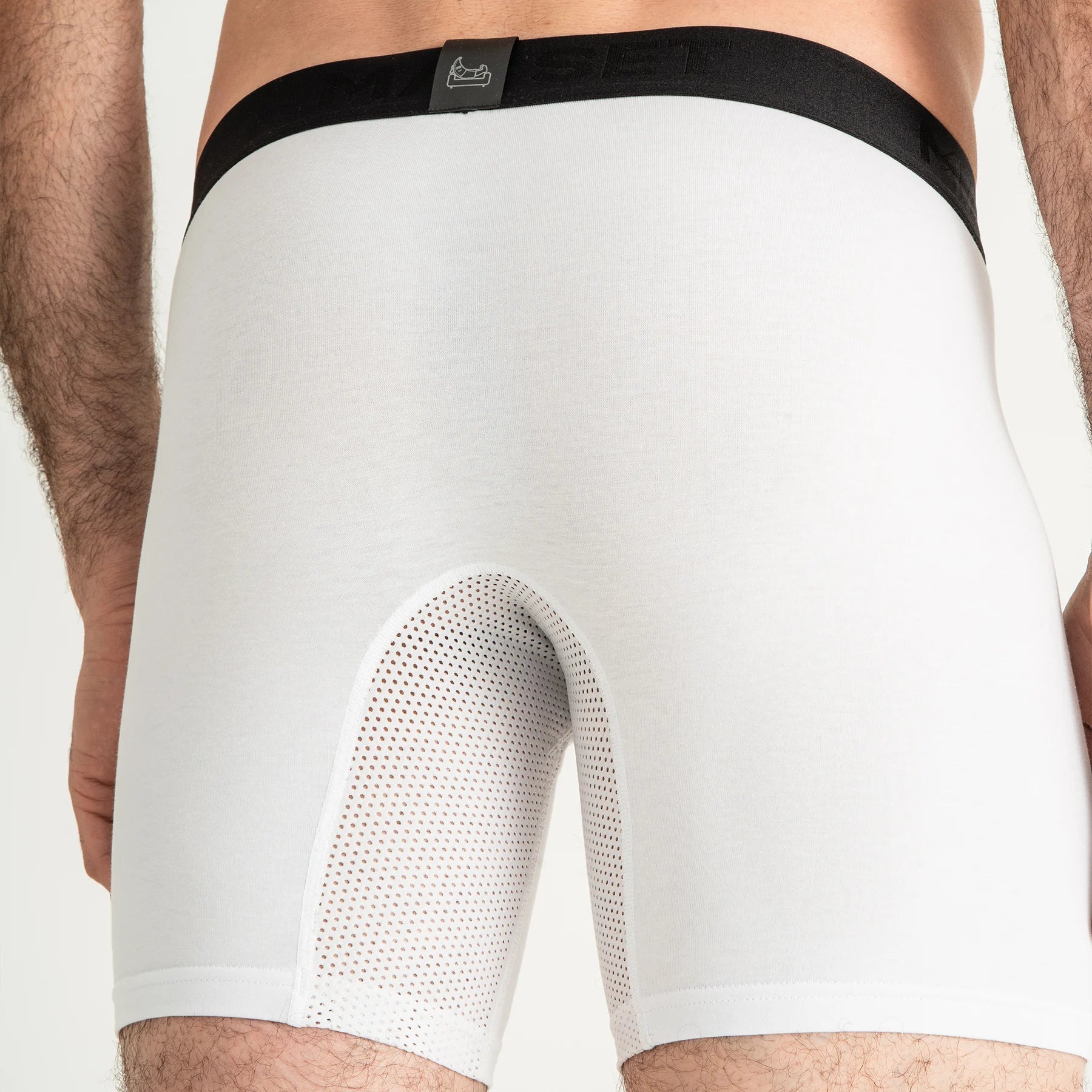 Breathable men’s underwear by Man’s SET, white AirFlow boxer briefs with mesh panel, back view